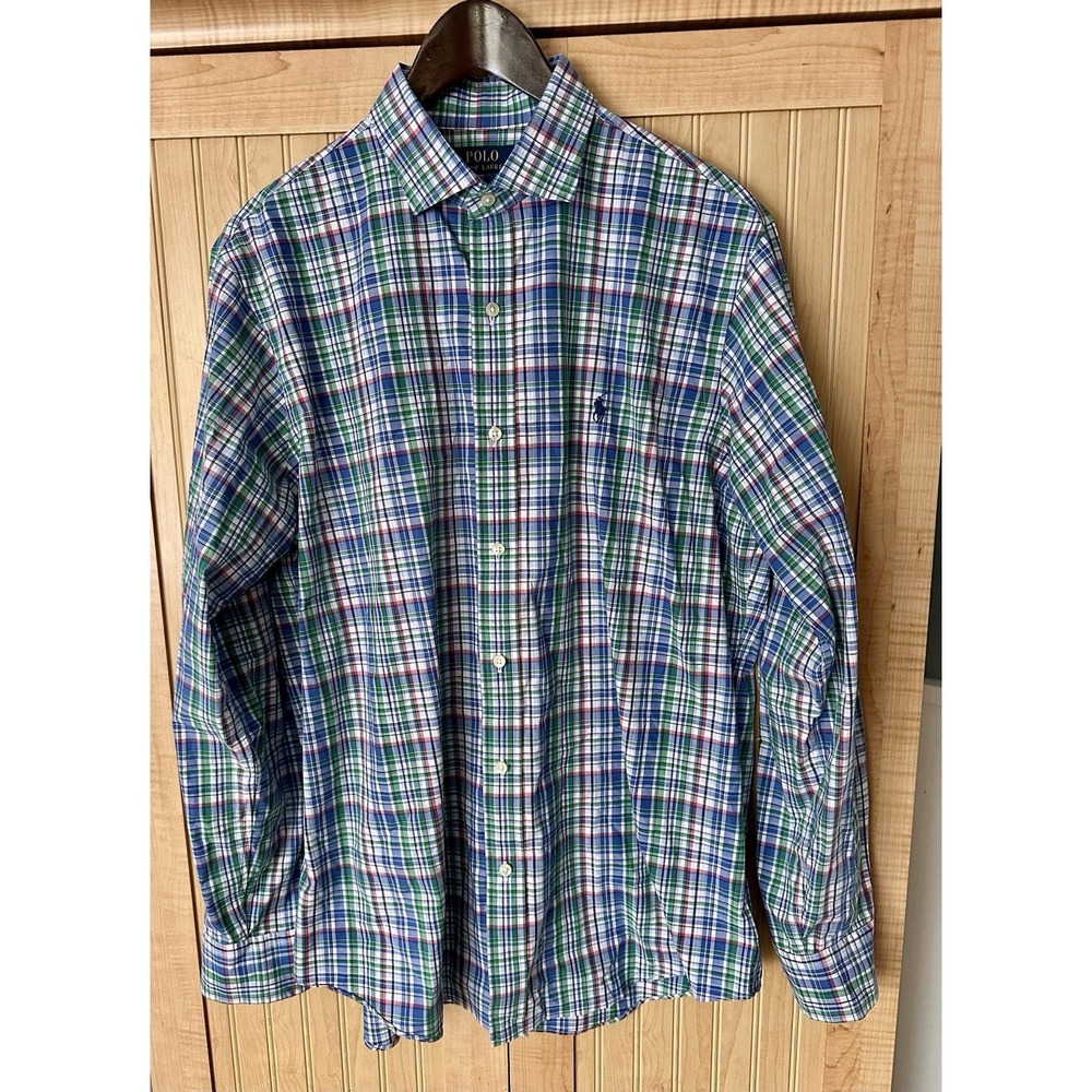Polo Ralph Lauren Performance Oxford Sport Men Blue Plaid Shirt Large Long Slv